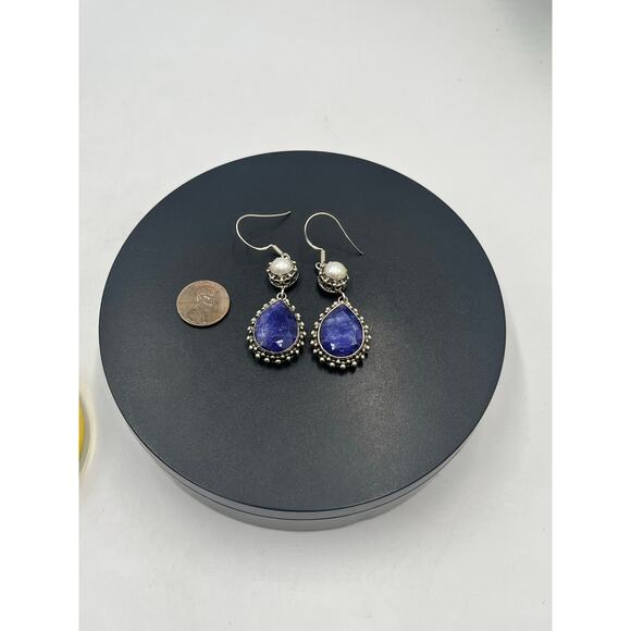 India 925 sterling Faceted Lapis Lazuli White Fresh Water Pearl Cabochon Earring - Picture 3 of 16